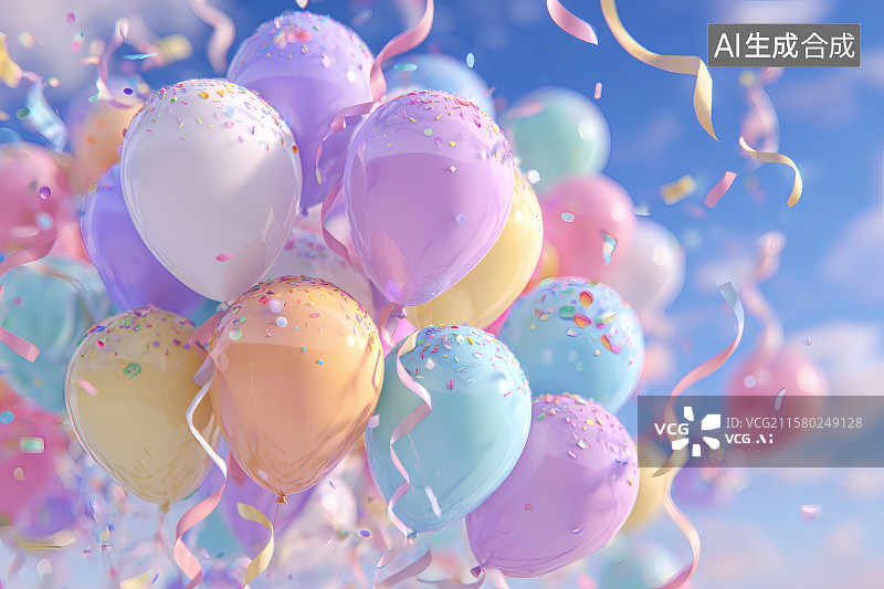 【AI数字艺术】空中飘舞的五彩气球，礼花与丝带，节日庆祝海报图片素材
