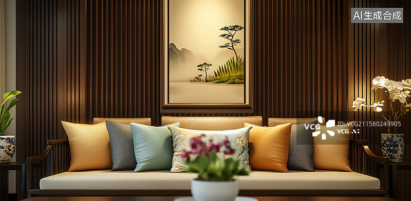 【AI数字艺术】现代中式客厅沙发布置图片素材