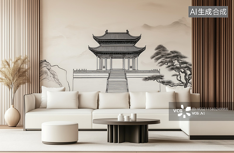 【AI数字艺术】现代客厅与中式亭台壁画装饰图片素材