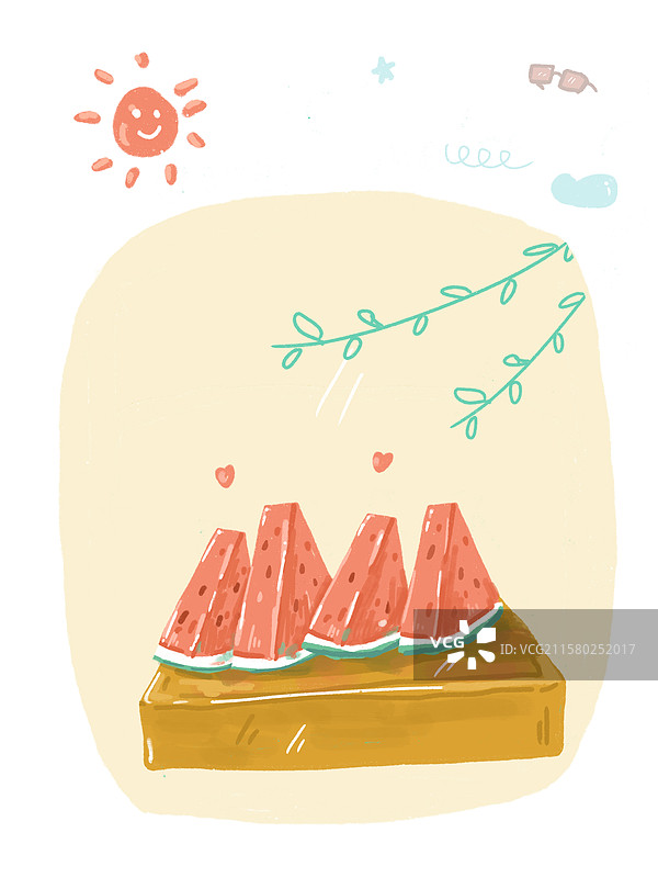 手绘夏天西瓜场景插画图片素材