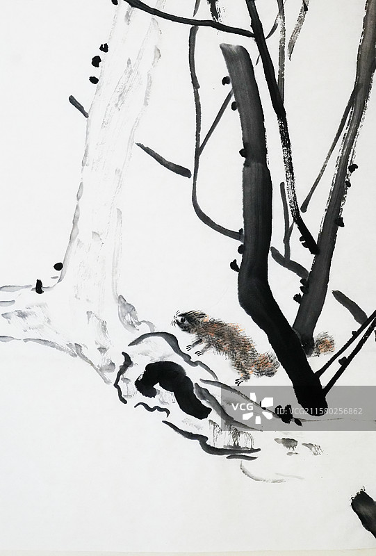 树枝 树干 松鼠 手绘插画齐白石风格中国画图片素材