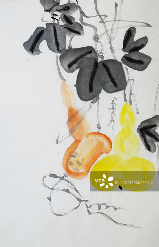 葫芦 葫芦娃 植物 藤蔓 手绘插画齐白石风格中国画图片素材
