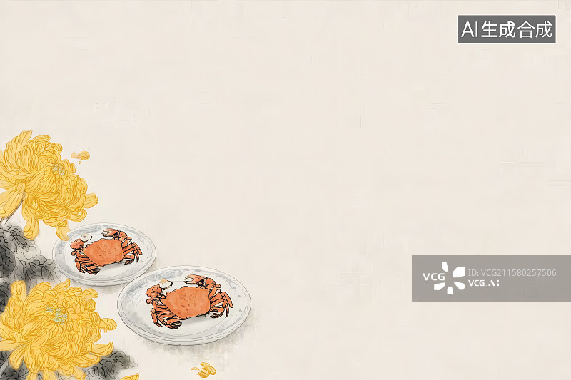 【AI数字艺术】盛开的菊花，煮熟的大闸蟹，右上角留白图片素材