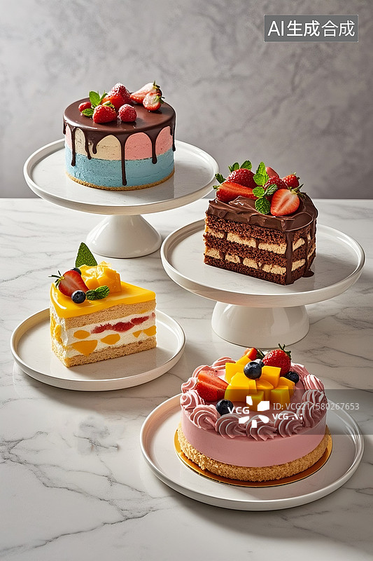 【AI数字艺术】白色大理石纹理台面上，有4块精致小蛋糕，有巧克力蛋糕、草莓蛋糕、芒果蛋糕图片素材