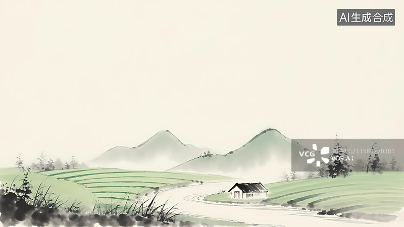 【AI数字艺术】中式水墨田园风景插画水墨画居下图片素材