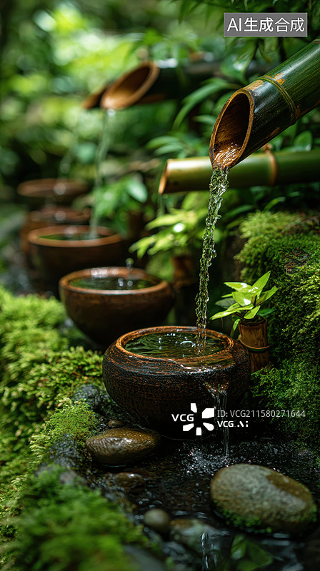 【AI数字艺术】竹筒流水，静谧庭院图片素材