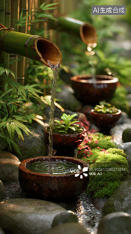 【AI数字艺术】竹筒流水注入石钵的静谧庭院图片素材