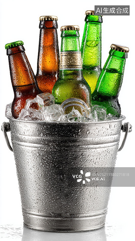 【AI数字艺术】冰桶中的玻璃瓶饮料图片素材