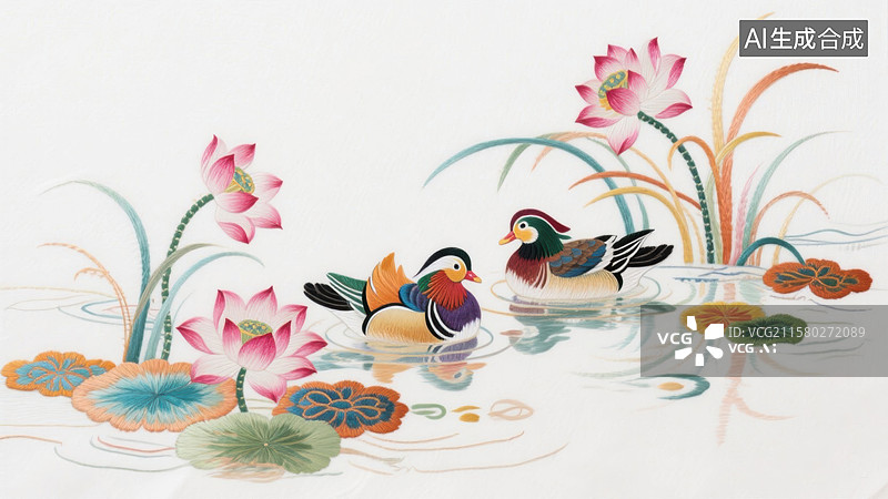 【AI数字艺术】池塘鸳鸯与荷花图片素材