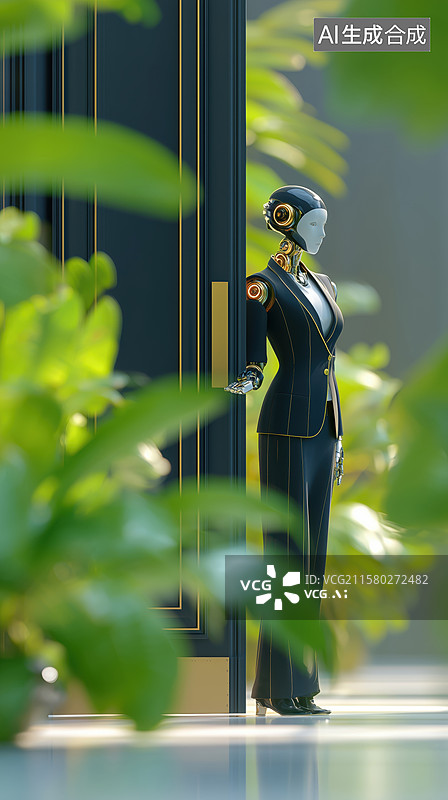 【AI数字艺术】穿礼服拟人的女性智能机器人经理管家3D立体插画图片素材
