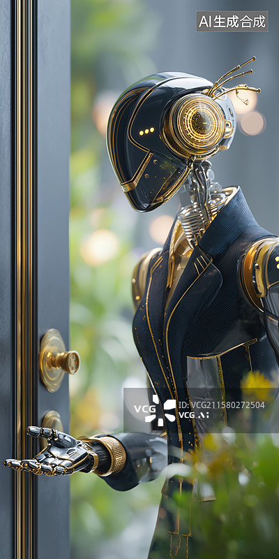 【AI数字艺术】穿礼服拟人的女性智能机器人经理管家3D立体插画图片素材