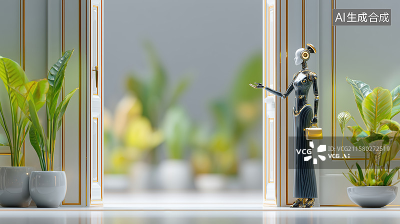 【AI数字艺术】穿礼服拟人的女性智能机器人经理管家3D立体插画图片素材