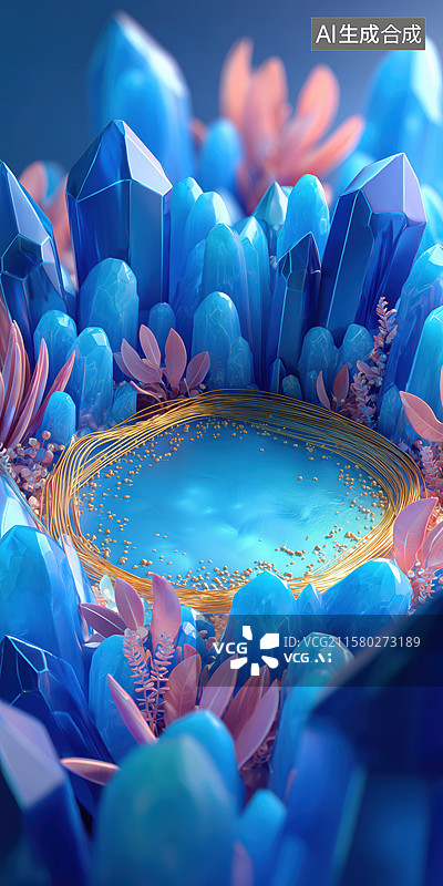 【AI数字艺术】蓝色植物背景水晶化妆品精油空间3D卡通立体插画图片素材