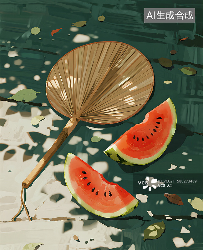 【AI数字艺术】蒲扇西瓜插画图片素材