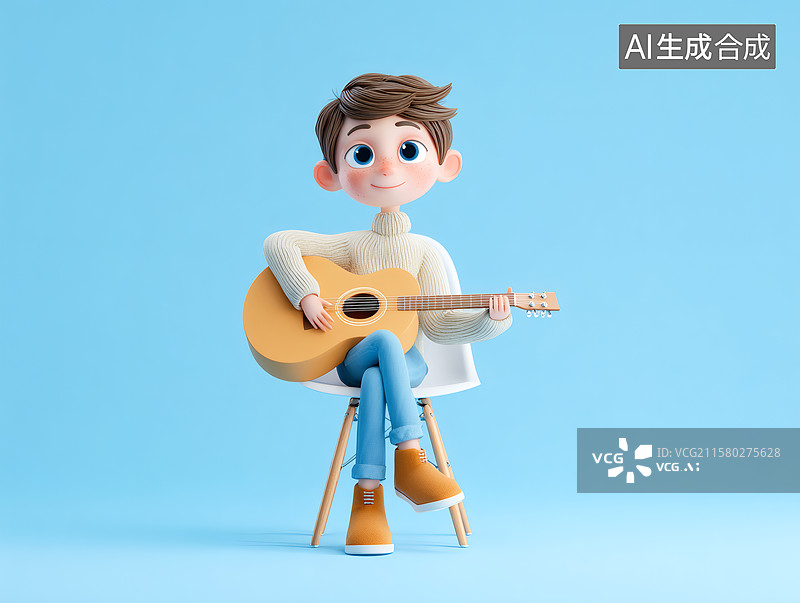 【AI数字艺术】座椅上一个男生拿着一把木吉他图片素材