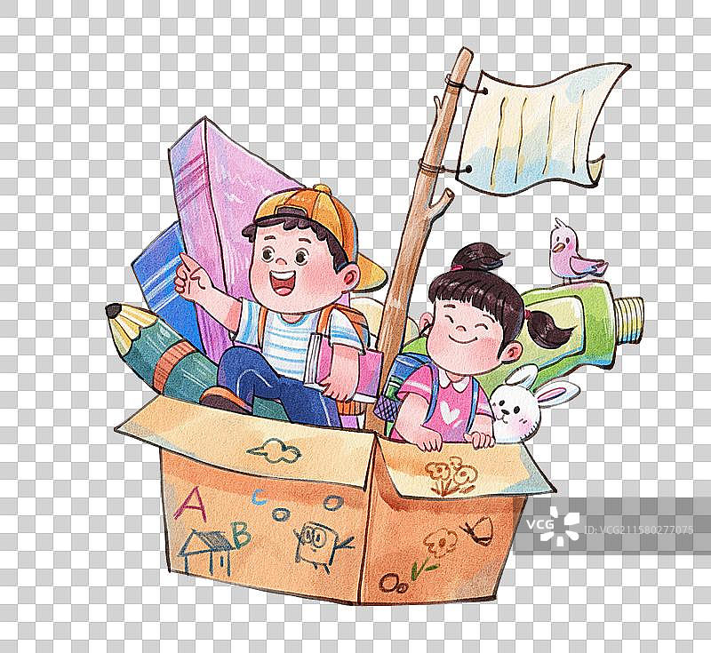 手绘水彩开学季人物坐着箱子可爱免抠元素图片素材