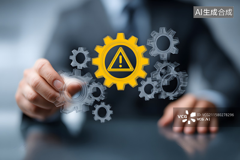【AI数字艺术】齿轮与警示标志的互动展示图片素材