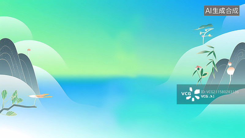 【AI数字艺术】中式山水风光插画背景2D卡通两侧图片素材