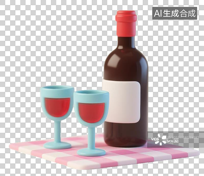 【AI数字艺术】3D三维卡通红酒瓶红酒杯图片素材