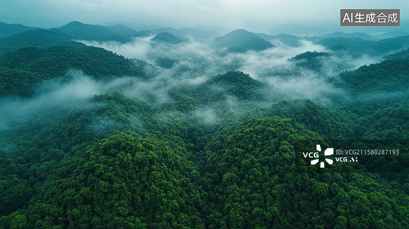 【AI数字艺术】航拍薄雾山林，尽显壮美神秘之景图片素材