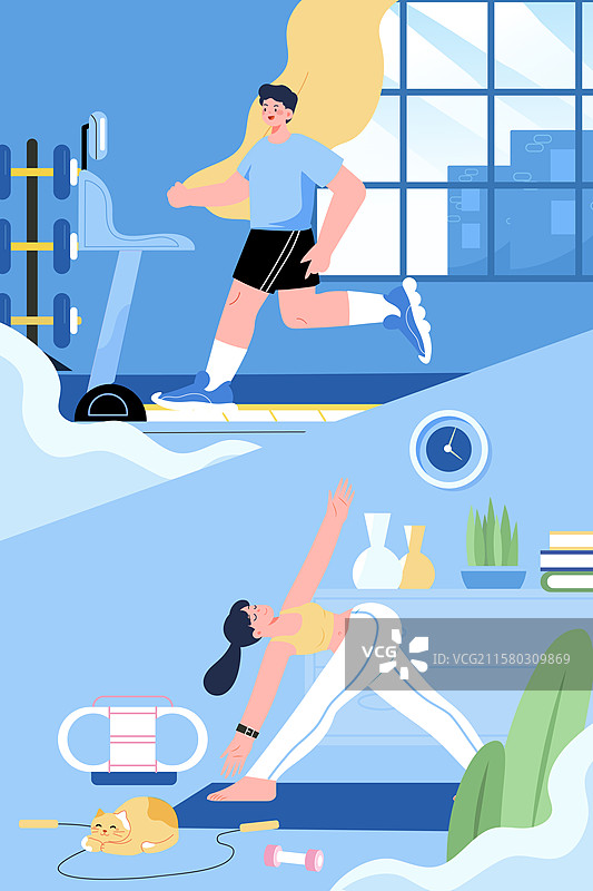 卡通青年学生情侣运动会足球亲子运动健身身材管理减肥比赛乒乓球瑜伽跑步马拉松电商风景背景渐变矢量插画图片素材