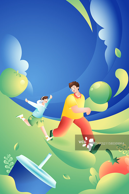 卡通青年学生情侣运动会足球亲子运动健身身材管理减肥比赛乒乓球瑜伽跑步马拉松电商风景背景渐变矢量插画图片素材