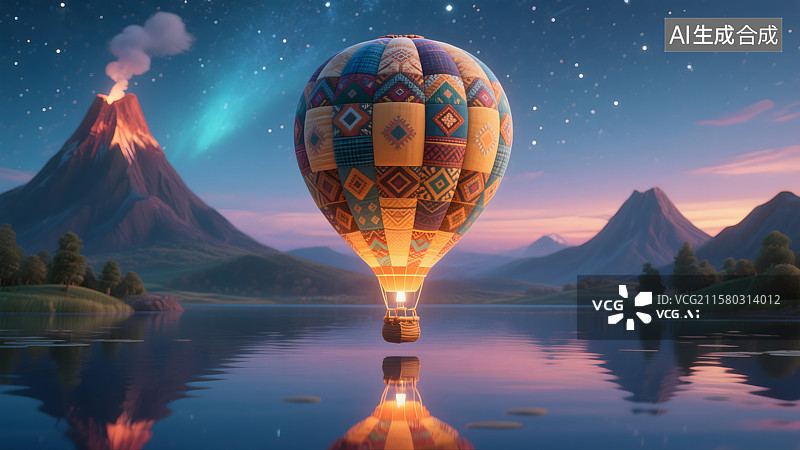 【AI数字艺术】彩虹下的火山与飞翔热气球图片素材