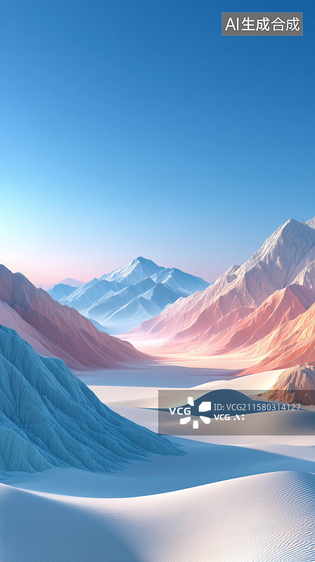 【AI数字艺术】梦幻雪山与粉色沙漠的奇幻景观图片素材