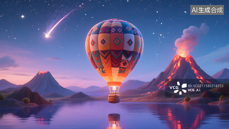【AI数字艺术】彩虹下的火山与飞翔热气球图片素材