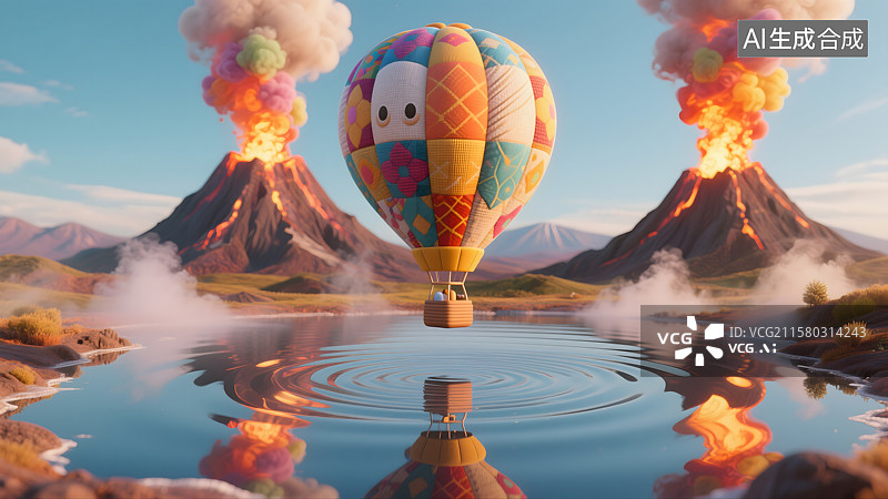 【AI数字艺术】彩虹下的火山与飞翔热气球图片素材