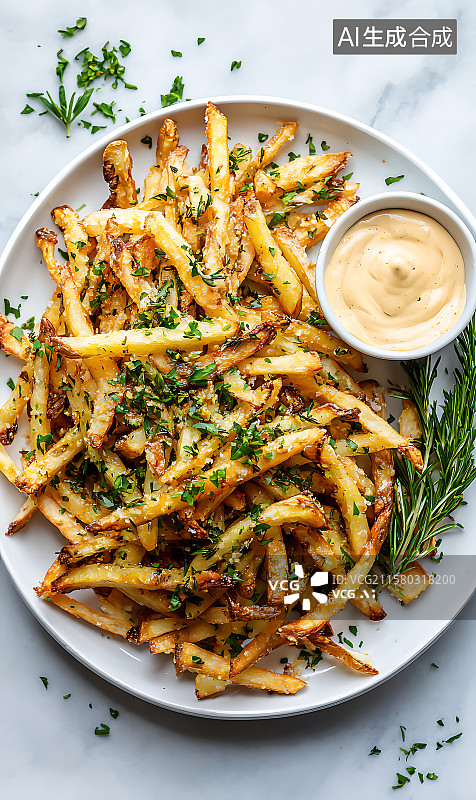 【AI数字艺术】俯视角度拍摄的金黄色香脆蒜香薯条盛满白盘，配新鲜欧芹和迷迭香，佐奶油辣蒜泥蛋黄酱，明亮大理石背景，自图片素材