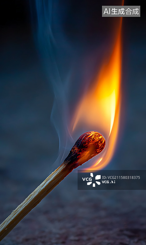 【AI数字艺术】燃烧火柴火焰的微距特写，橙黄色火焰在黑暗中闪耀，木材纹理清晰可见，展现强烈热量。图片素材