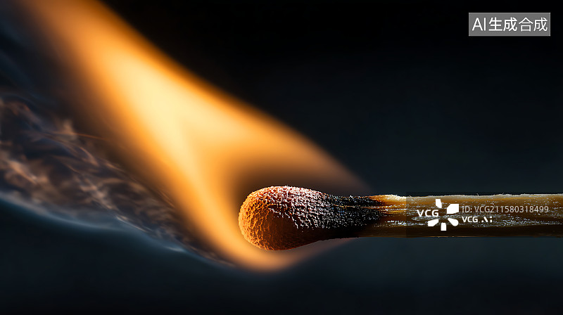 【AI数字艺术】燃烧火柴火焰的微距特写，橙黄色火焰在黑暗中闪耀，木材纹理清晰可见，展现强烈热量。图片素材