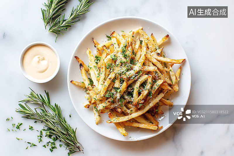 【AI数字艺术】俯视角度拍摄的金黄色香脆蒜香薯条盛满白盘，配新鲜欧芹和迷迭香，佐奶油辣蒜泥蛋黄酱，明亮大理石背景，自图片素材