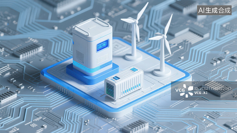 【AI数字艺术】3D渲染小型风力发电机和方形变压器机柜置于电路板纹理背景，绿色新能源科技概念可持续发展主题场景图片素材