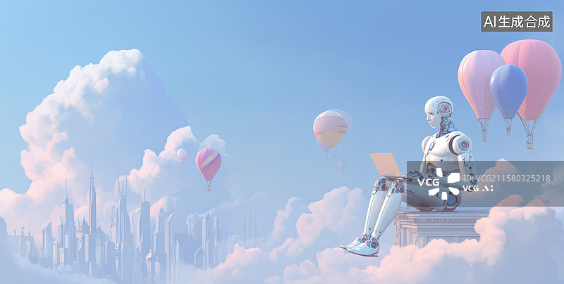 【AI数字艺术】云端漫步的机器人图片素材