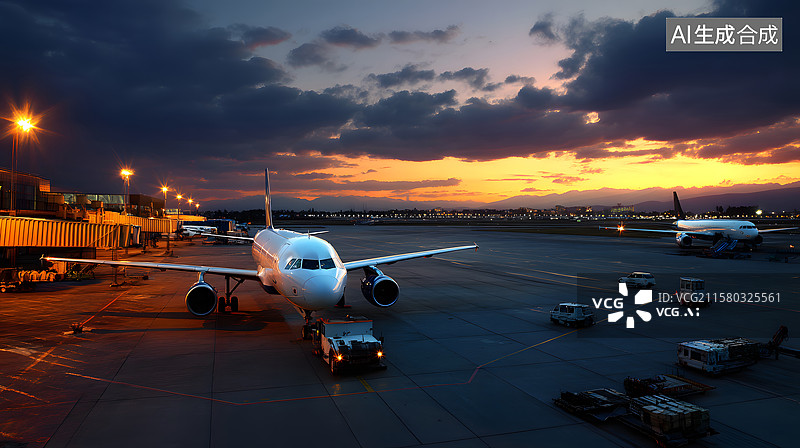 【AI数字艺术】夜间机场的停机飞机图片素材