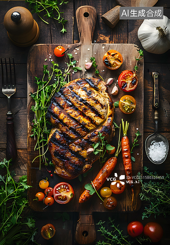 【AI数字艺术】木板上切好的肉排图片素材