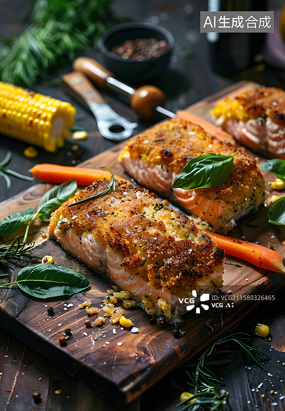 【AI数字艺术】木板上切好的肉排图片素材