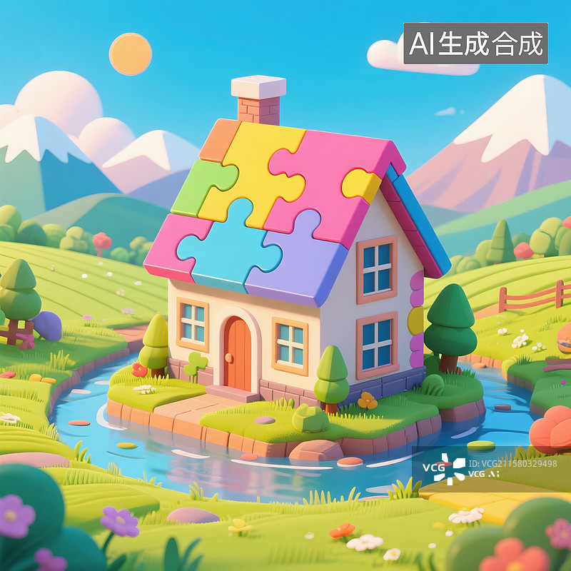 【AI数字艺术】彩色鲜亮拼图效果的山水田园卡通插画图片素材