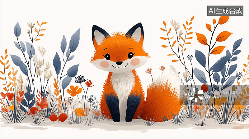 【AI数字艺术】可爱狐狸置身花草间插画图片素材