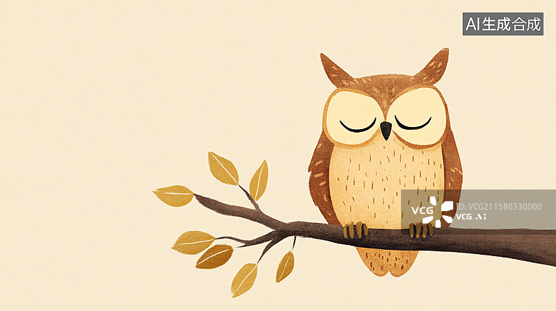 【AI数字艺术】枝头闭眼休憩的可爱猫头鹰图片素材