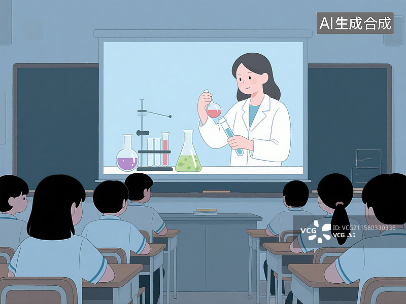 【AI数字艺术】大学生在阶梯教室观看女老师实验投影的卡通插画图片素材