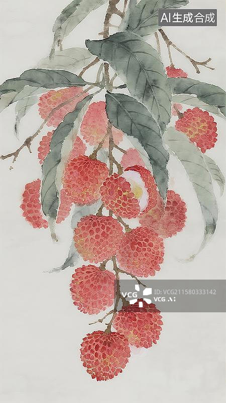 【AI数字艺术】水墨中国风水果插画一串荔枝图片素材