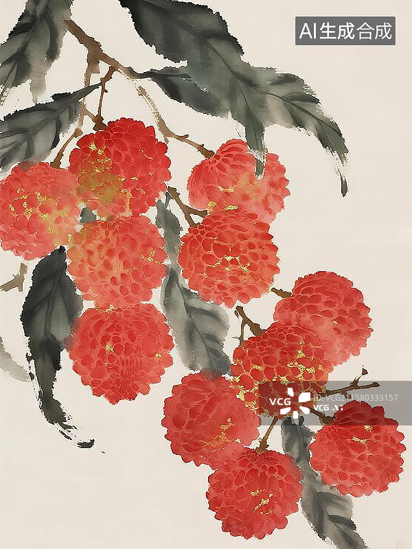 【AI数字艺术】水墨中国风水果插画一串荔枝图片素材