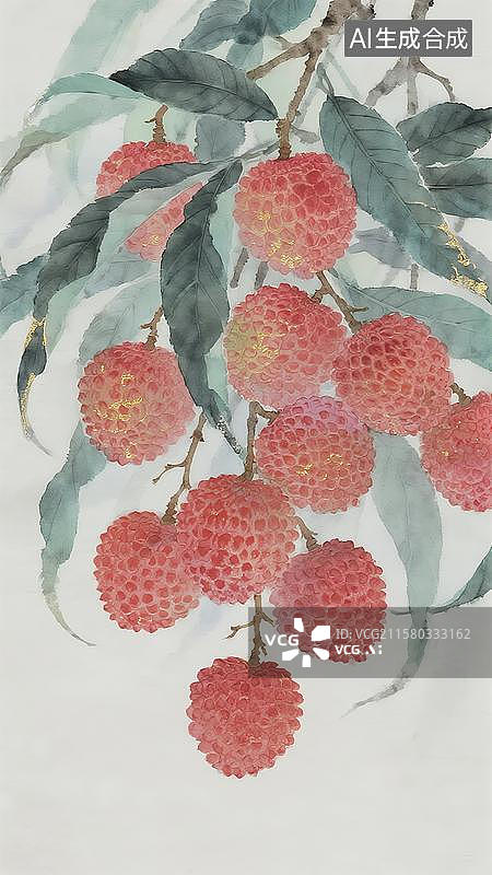 【AI数字艺术】水墨中国风水果插画一串荔枝图片素材