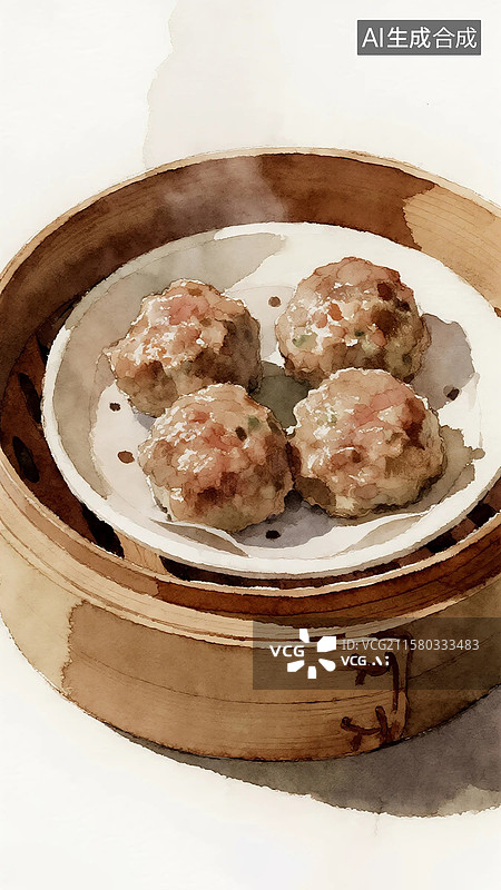 【AI数字艺术】广式早茶早点插画香菜牛肉丸图片素材