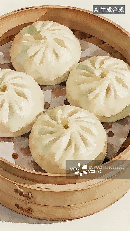 【AI数字艺术】广式早茶早点插画肉包包子图片素材