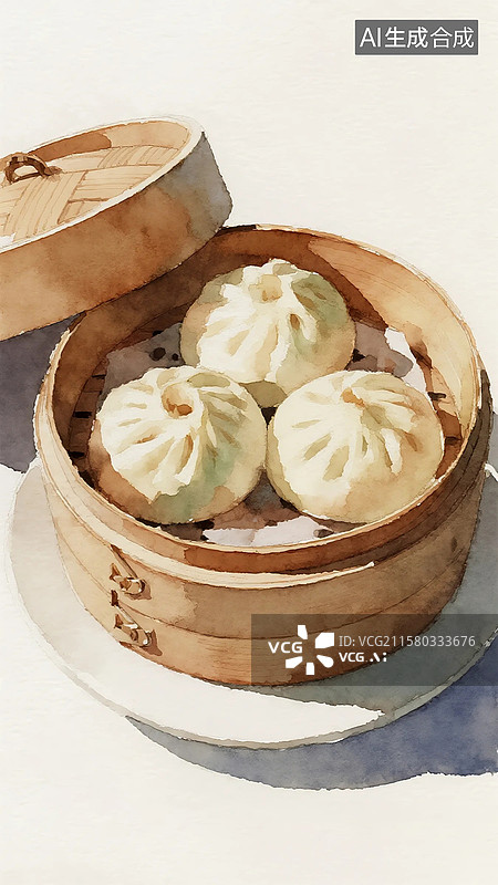 【AI数字艺术】广式早茶早点插画肉包包子图片素材