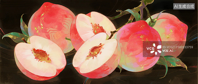 【AI数字艺术】水墨中国风水果插画一串桃子水蜜桃图片素材